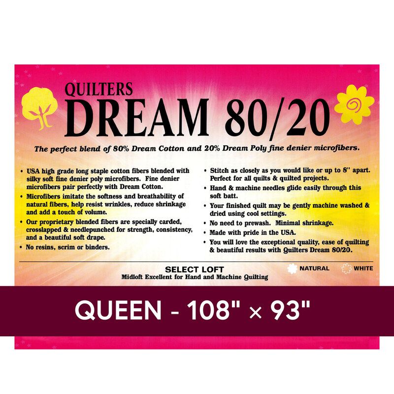 Cover sheet for Quilter's Dream 80/20 Batting, detailing composition, sizes, and usage instructions.