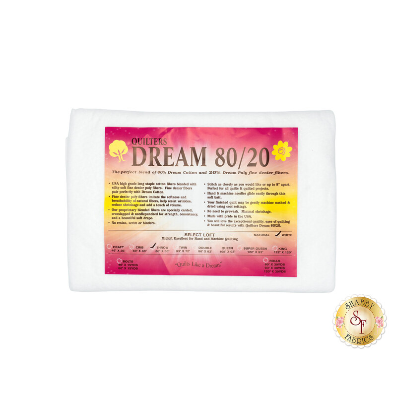 Throw sized batting from Quilter's Dream White Dream 80/20 Select Batting, detailing composition, sizes, and usage instructions, isolated on a white background.