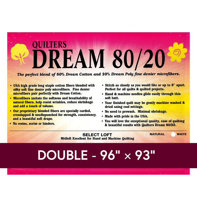 Cover sheet for Quilter's Dream 80/20 Batting, detailing composition, sizes, and usage instructions.