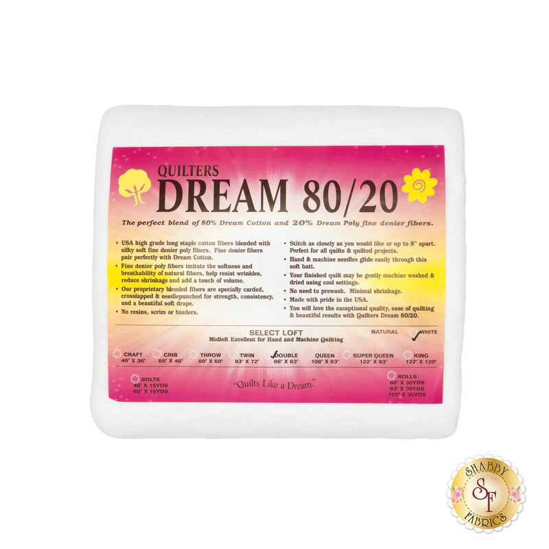Double sized batting for Quilter's Dream 80/20 Batting, detailing composition, sizes, and usage instructions, isolated on a white background.