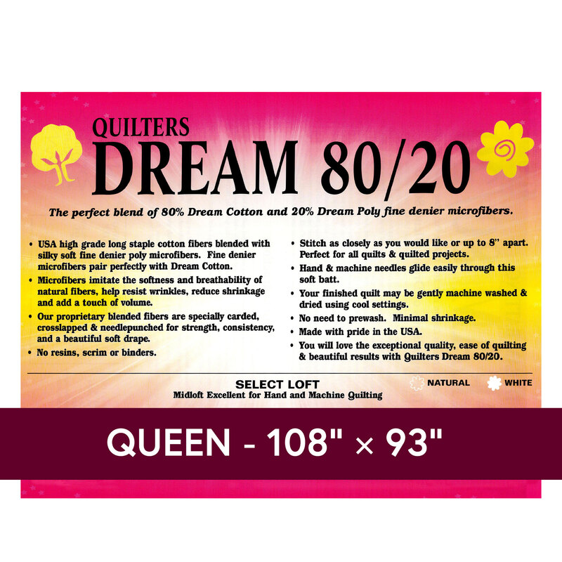 Cover sheet for Quilter's Dream 80/20 Batting, detailing composition, sizes, and usage instructions.