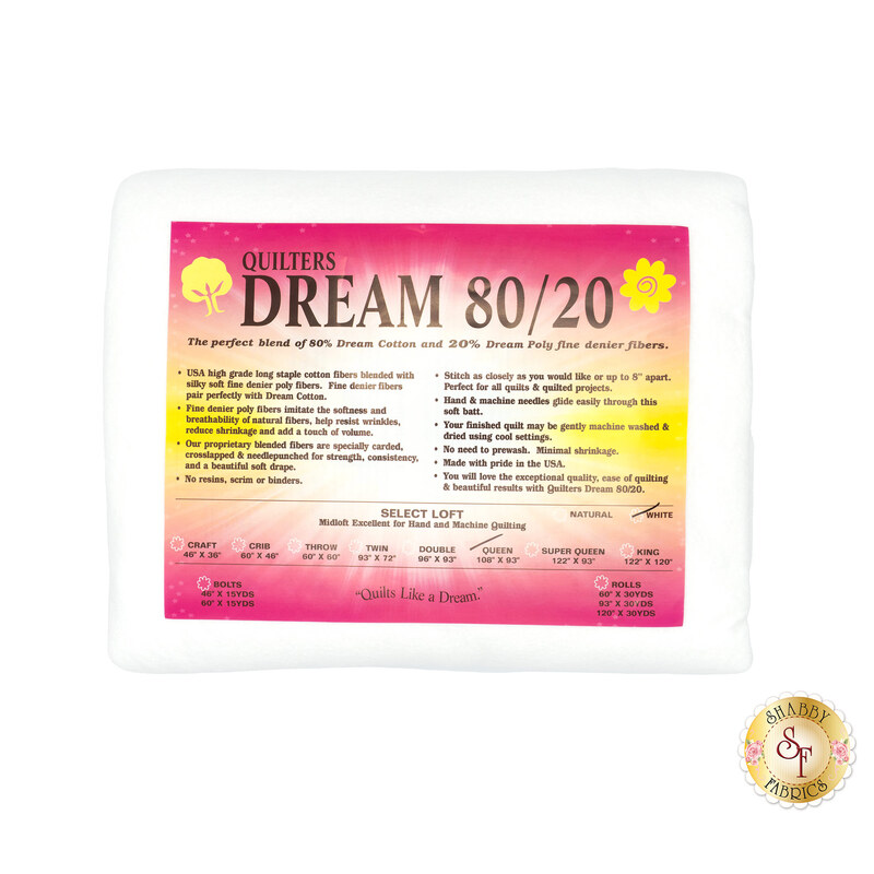 Queen sized batting for Quilter's Dream 80/20 Batting, detailing composition, sizes, and usage instructions, isolated on a white background.