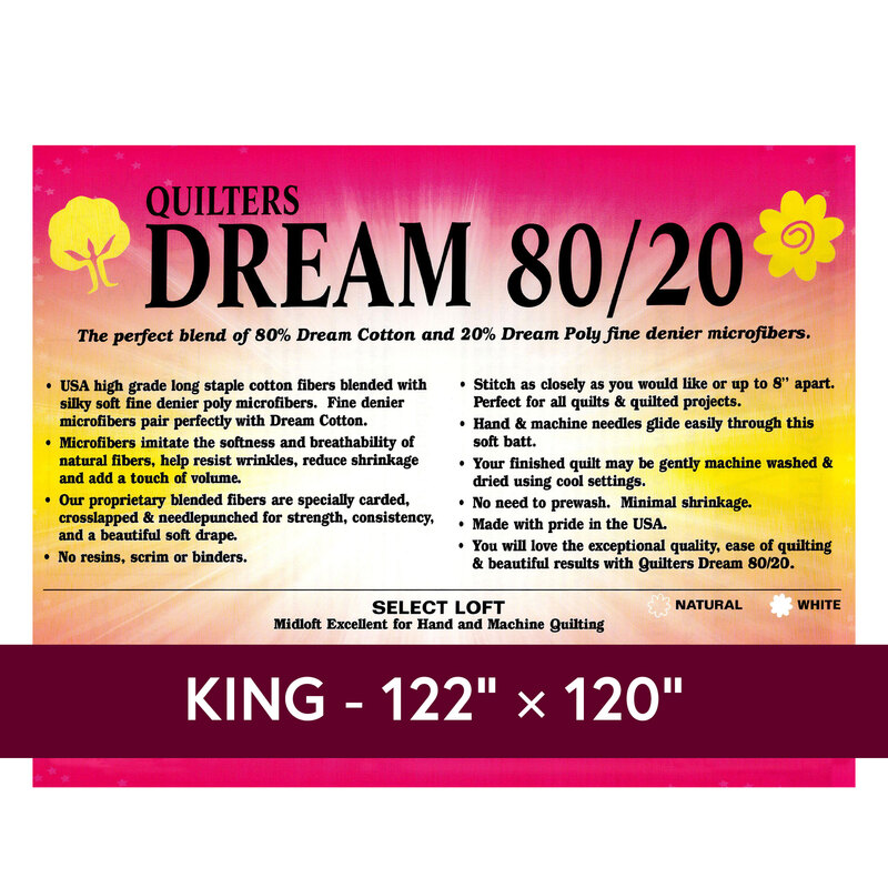 Cover sheet for Quilter's Dream 80/20 Batting, detailing composition, sizes, and usage instructions.