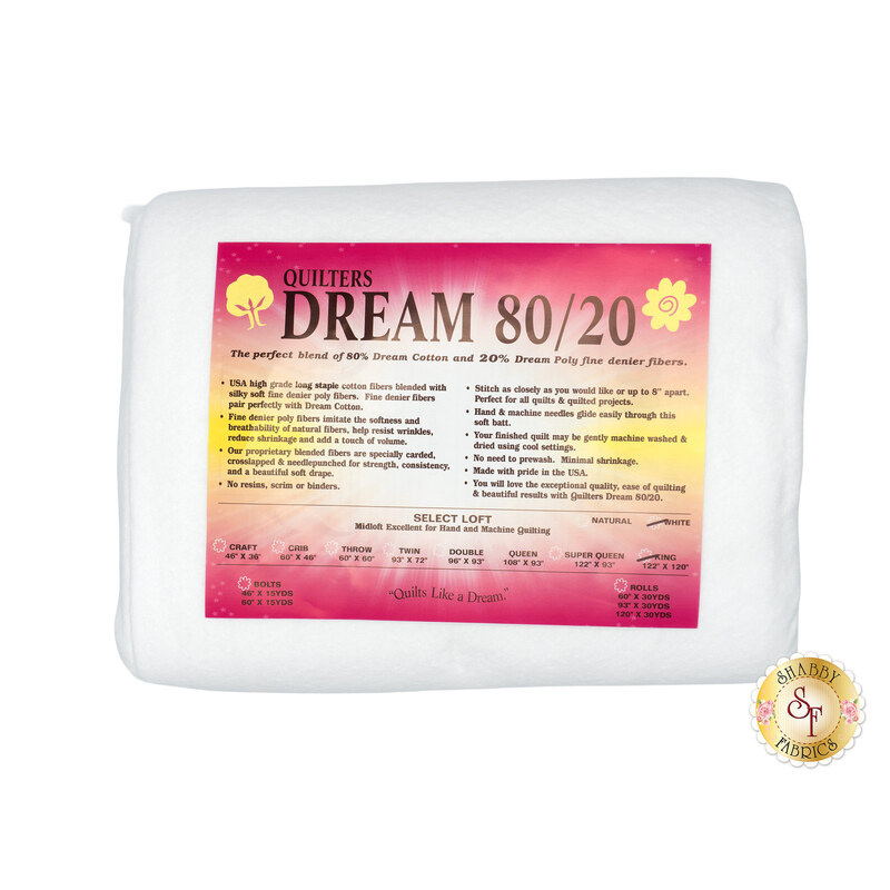 King sized batting for Quilter's Dream 80/20 Select Batting, detailing composition, sizes, and usage instructions, isolated on a white background.