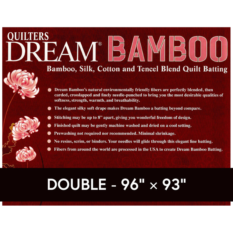 Cover sheet for Quilter's Dream Bamboo Batting, detailing composition, sizes, and usage instructions.