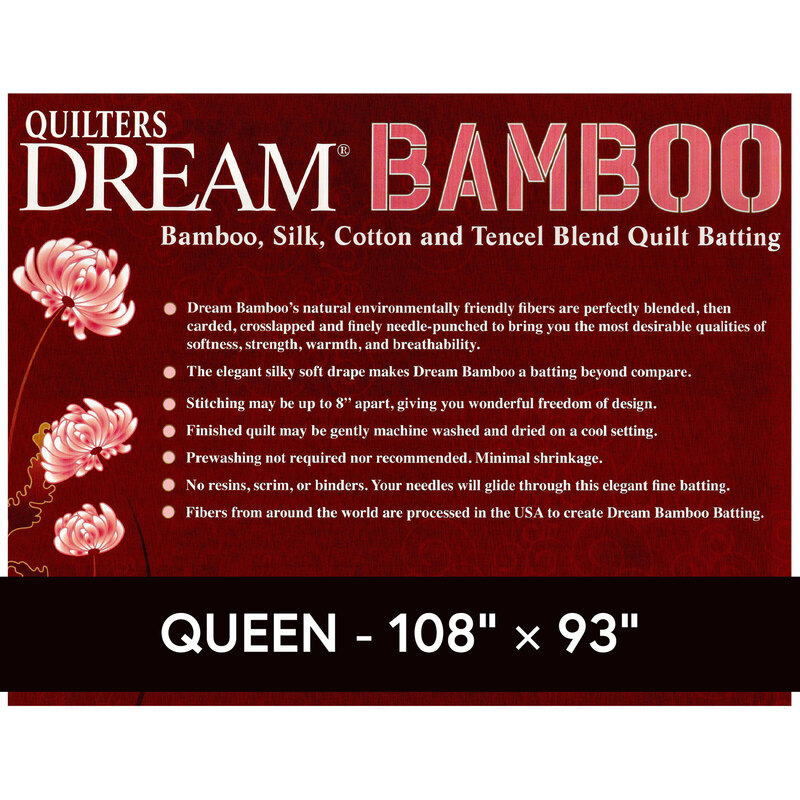 Cover sheet for Quilter's Dream Bamboo Batting, detailing composition, sizes, and usage instructions.