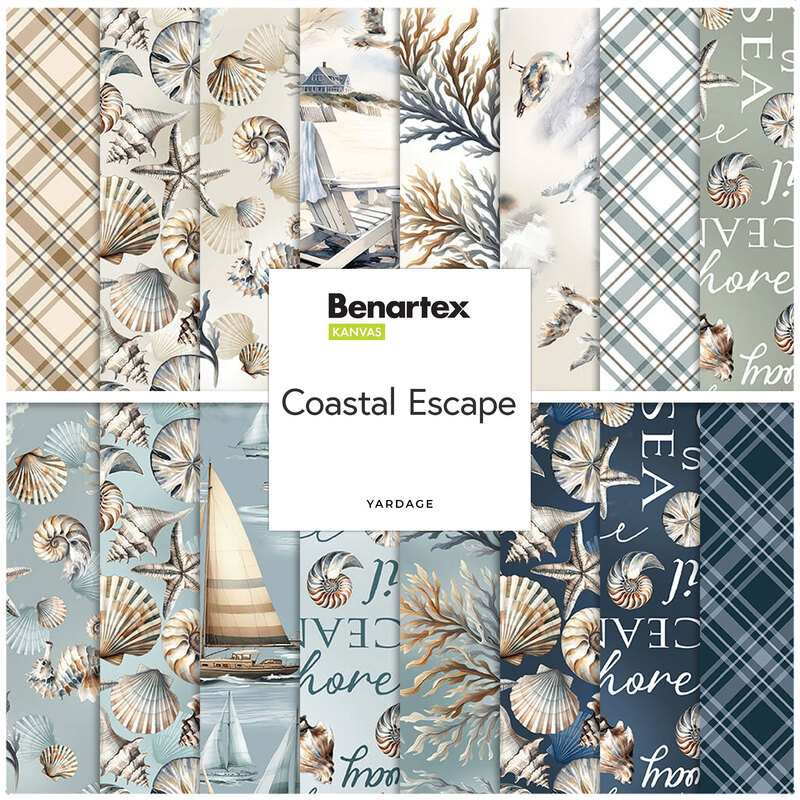 A collage of fabrics included in the Coastal Escape collection with cream, sandy tan, sky blue, and navy fabrics with an ocean theme.