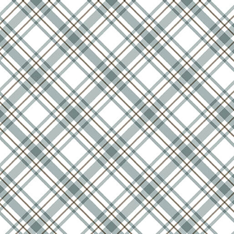 white fabric featuring a medium teal and brown plaid pattern