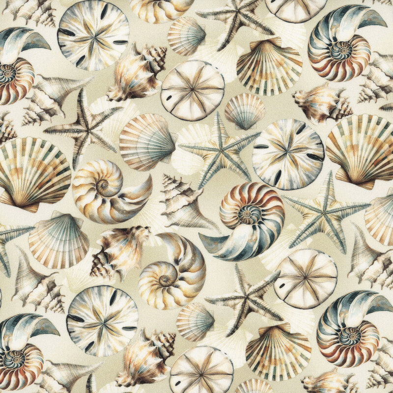 Sandy tan fabric scattered with various seashells in tans and browns.