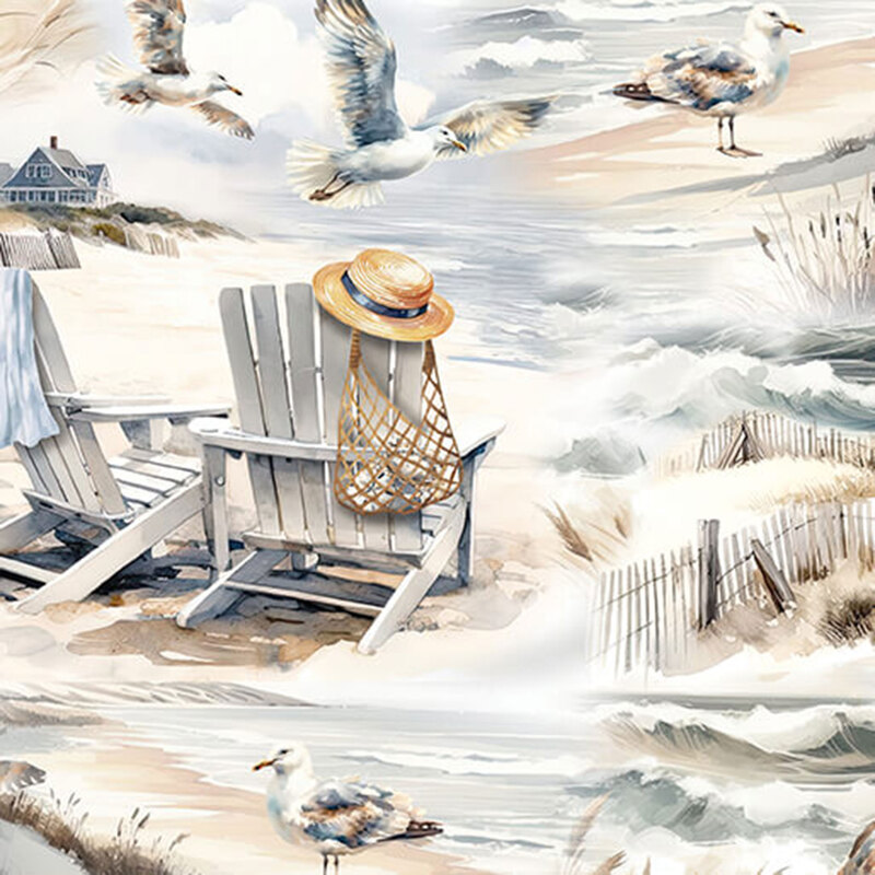 Fabric with beach-inspired views with lounge chairs, crashing waves, and soaring seagulls on a sandy tan background.
