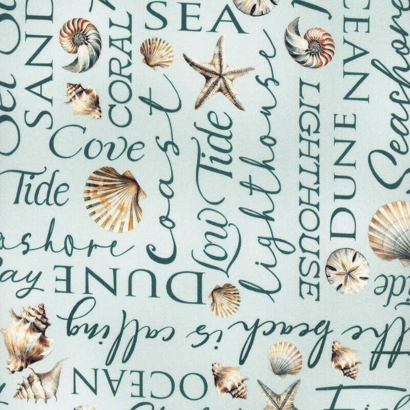 Sky blue fabric featuring ocean-theme words and seashells.