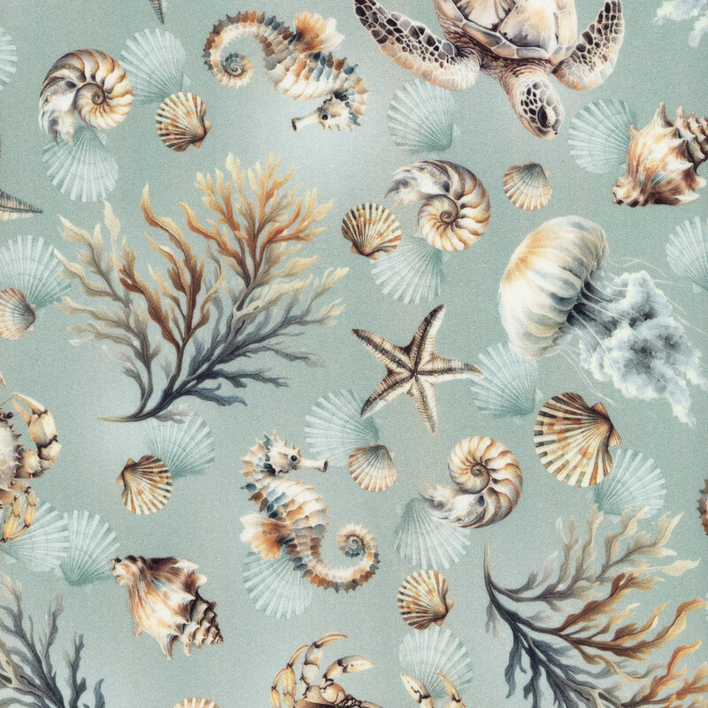Aqua blue fabric featuring branchy coral, sea turtles, crabs, sea horses, and various shells.