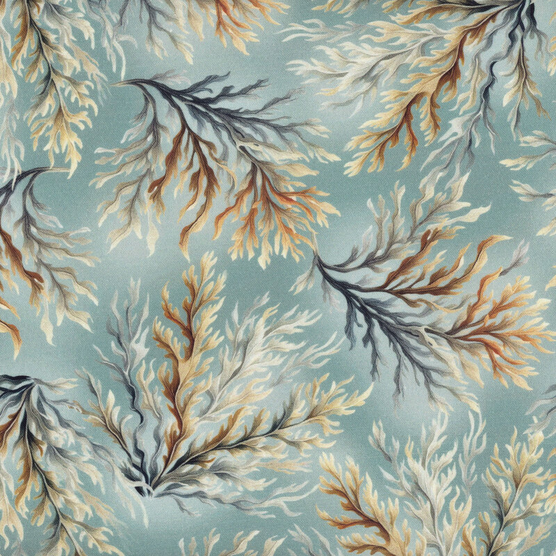 Medium teal fabric tossed with branchy coral in iridescent blues, greens, and browns.