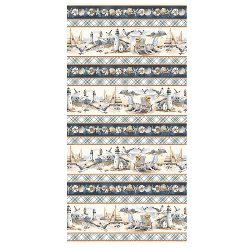 Border stripe featuring seaside views and alternating rows of plaid and seashells.
