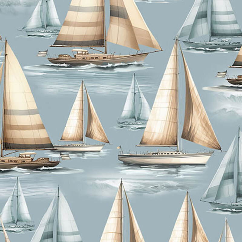 Sky blue fabric with tonal sailboats mixed with tan and brown sailboats.
