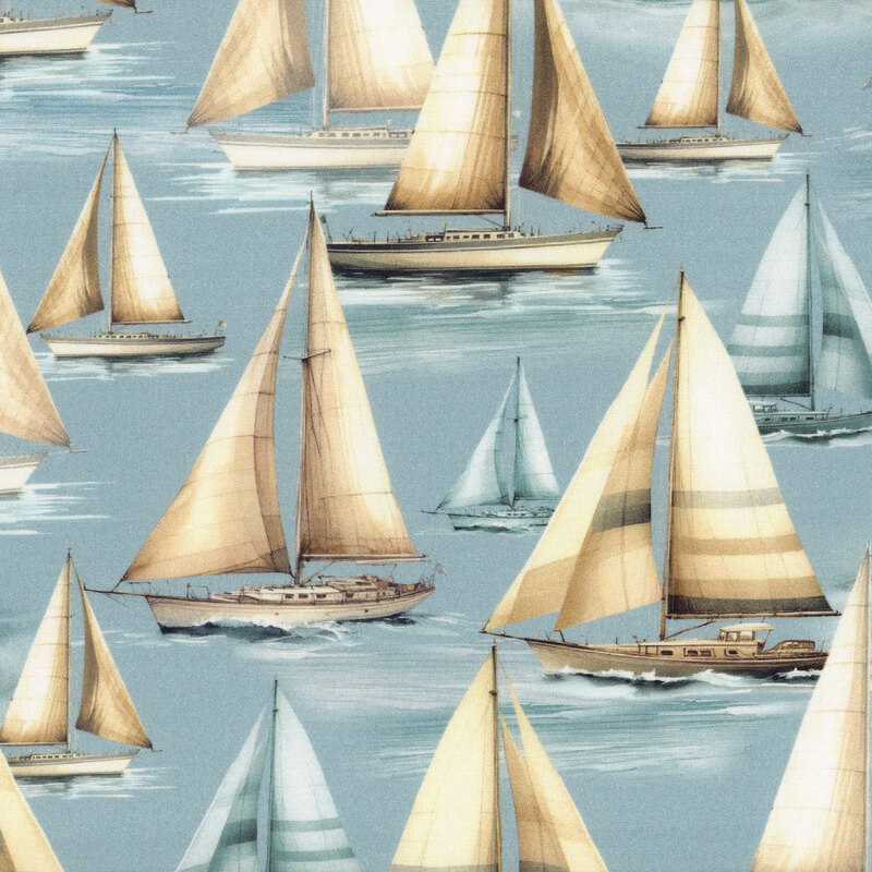 Sky blue fabric with tonal sailboats mixed with tan and brown sailboats.