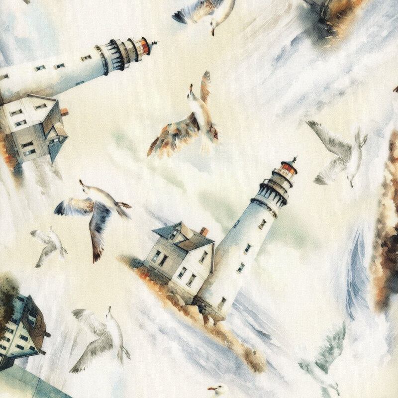 Oceanside lighthouses, crashing waves and soaring seagulls on a sandy tan fabric background.
