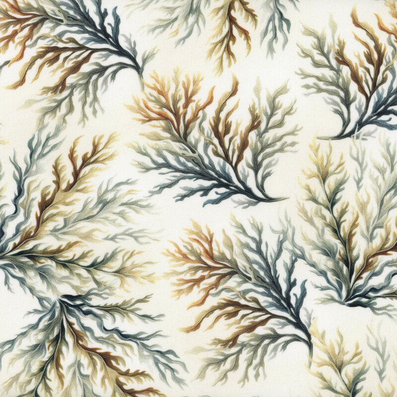 Light cream fabric tossed with branchy coral in iridescent blues, greens, and browns.