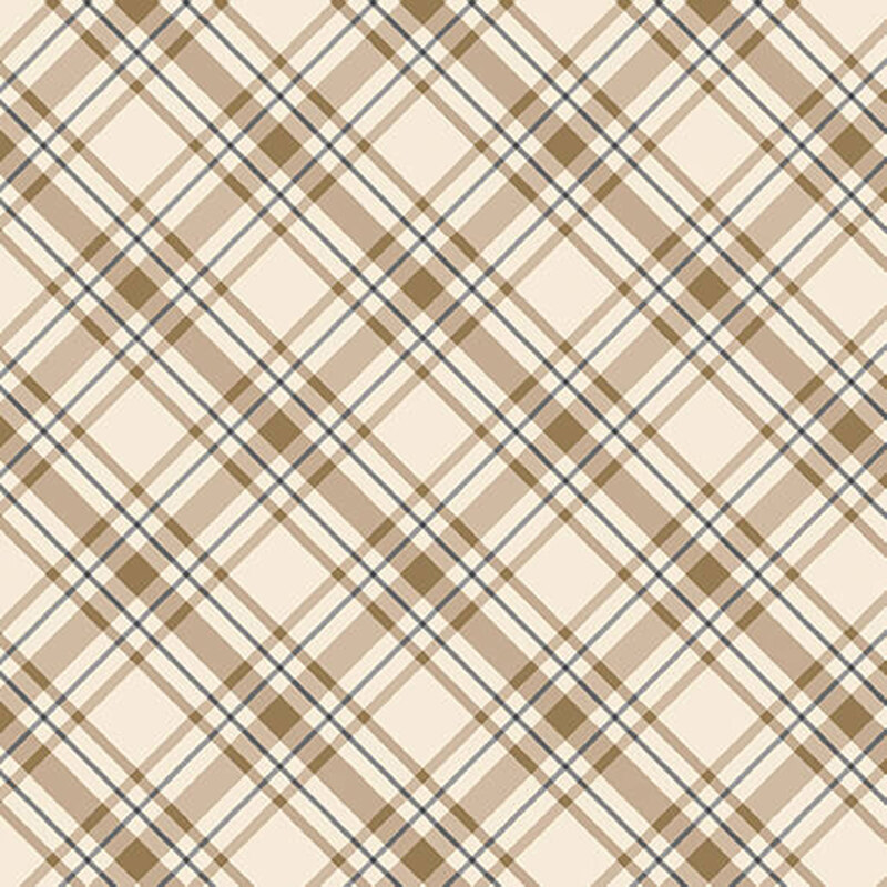 Sandy tan fabric featuring a brown and navy blue plaid pattern.