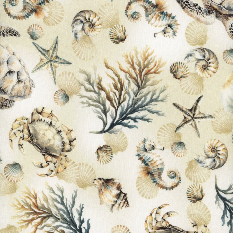 Sandy tan fabric featuring branchy coral, sea turtles, crabs, sea horses, and various shells.