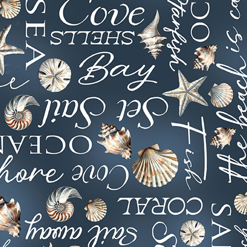 Mottled navy blue fabric featuring ocean-theme words and seashells.