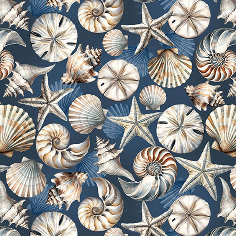 Navy blue fabric scattered with various seashells in tans and browns.