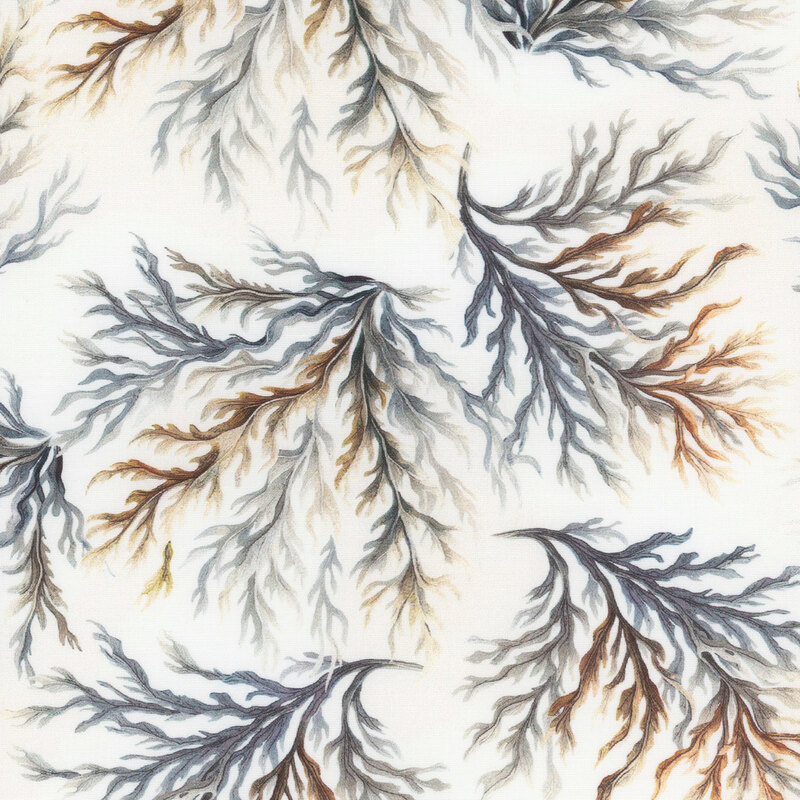 Light cream fabric tossed with branchy coral in iridescent blues, greens, and browns.