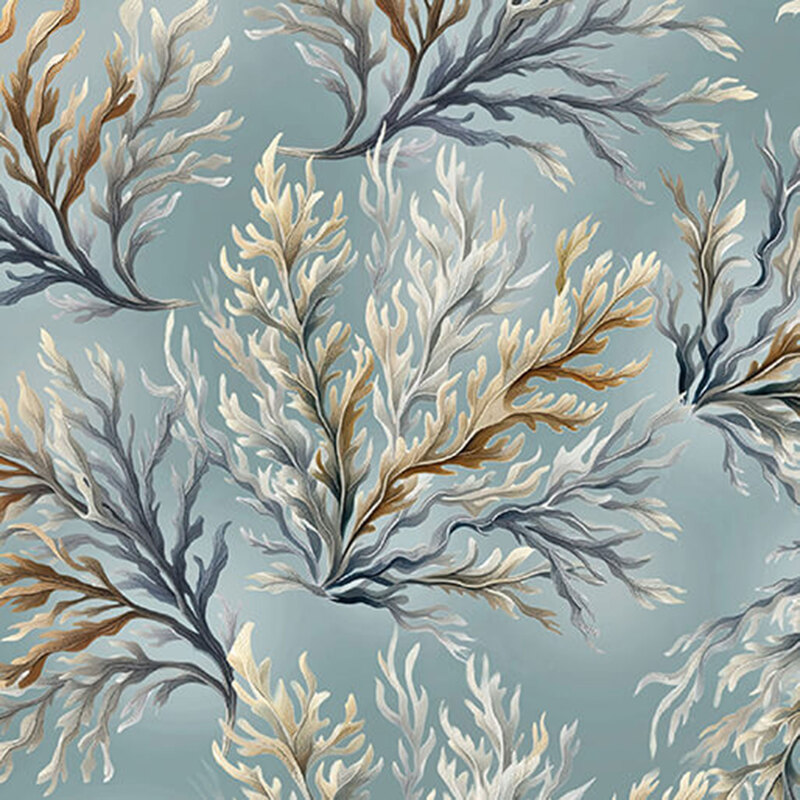 Medium teal fabric tossed with branchy coral in iridescent blues, greens, and browns.