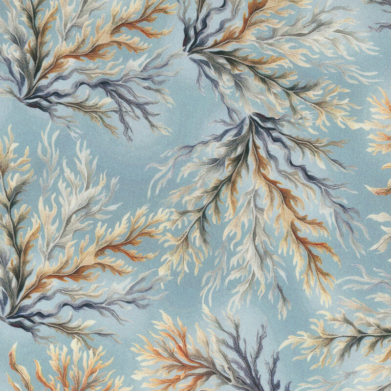 Medium teal fabric tossed with branchy coral in iridescent blues, greens, and browns.