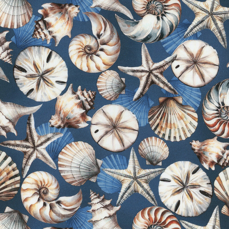 Navy blue fabric scattered with various seashells in tans and browns.