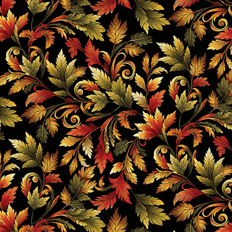 Black fabric with a gold, orange, and green swirling leaf pattern