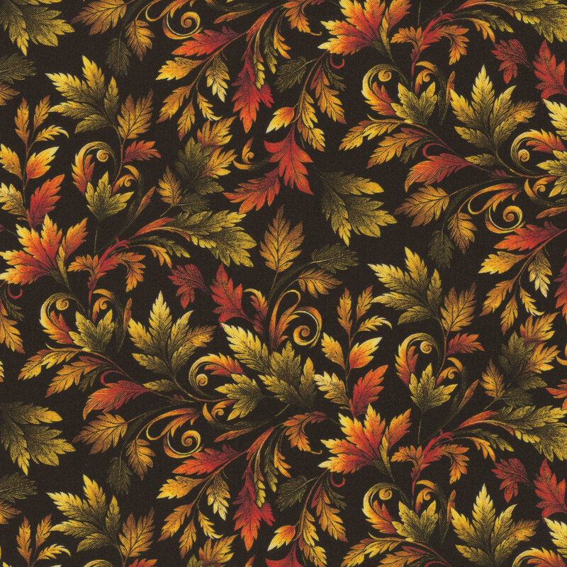 Black fabric with a gold, orange, and green swirling leaf pattern