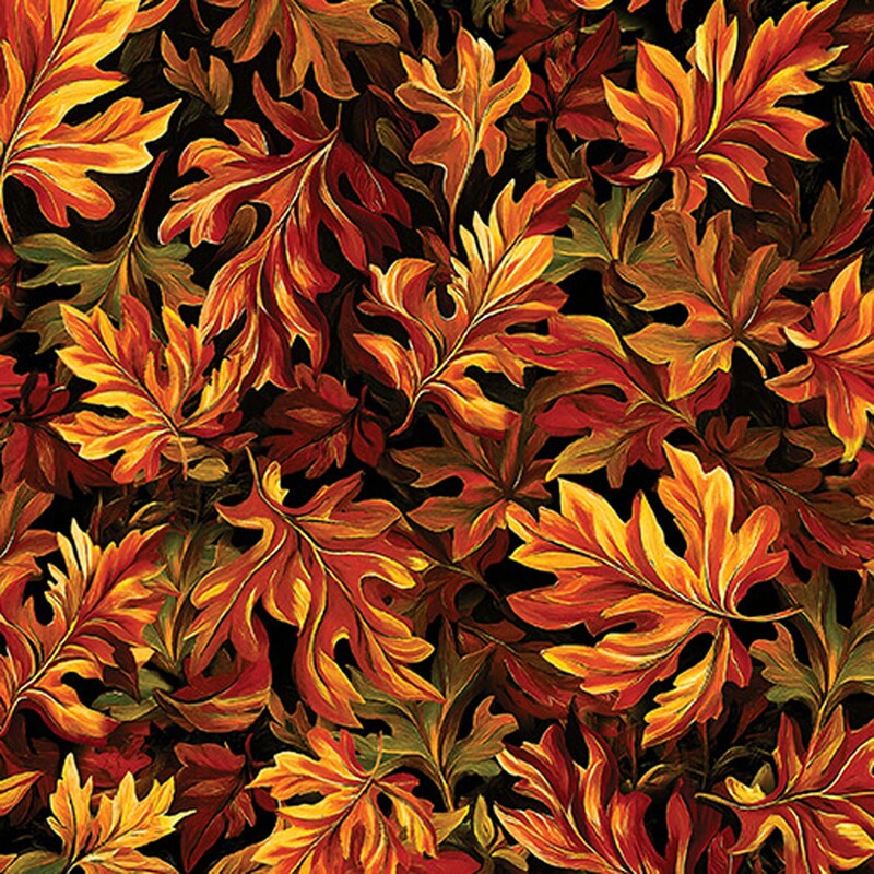 Swirling layers of orange oak leaves on a black background