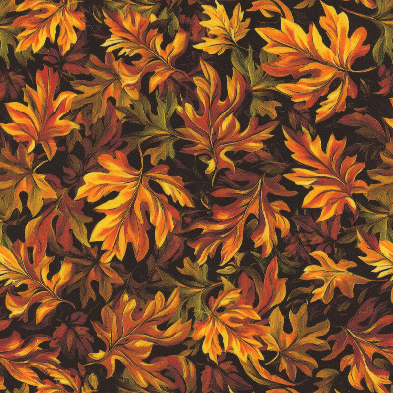 Swirling layers of orange oak leaves on a black background