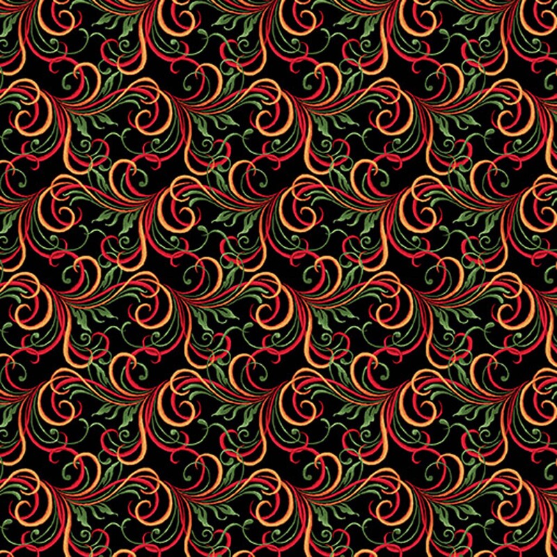 Black fabric with a repeating pattern of red, gold, and green swirls