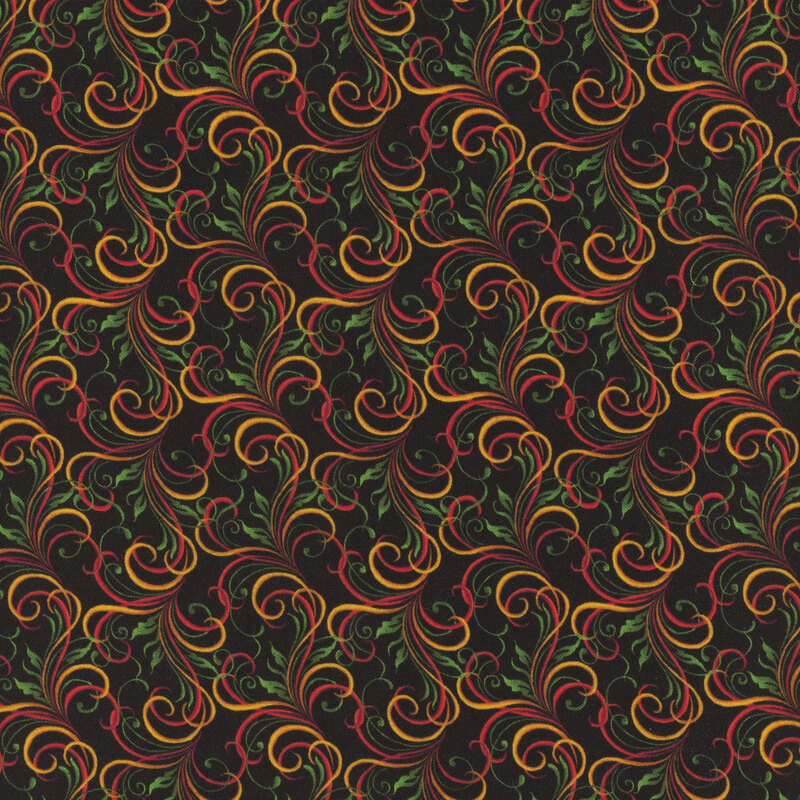 Black fabric with a repeating pattern of red, gold, and green swirls
