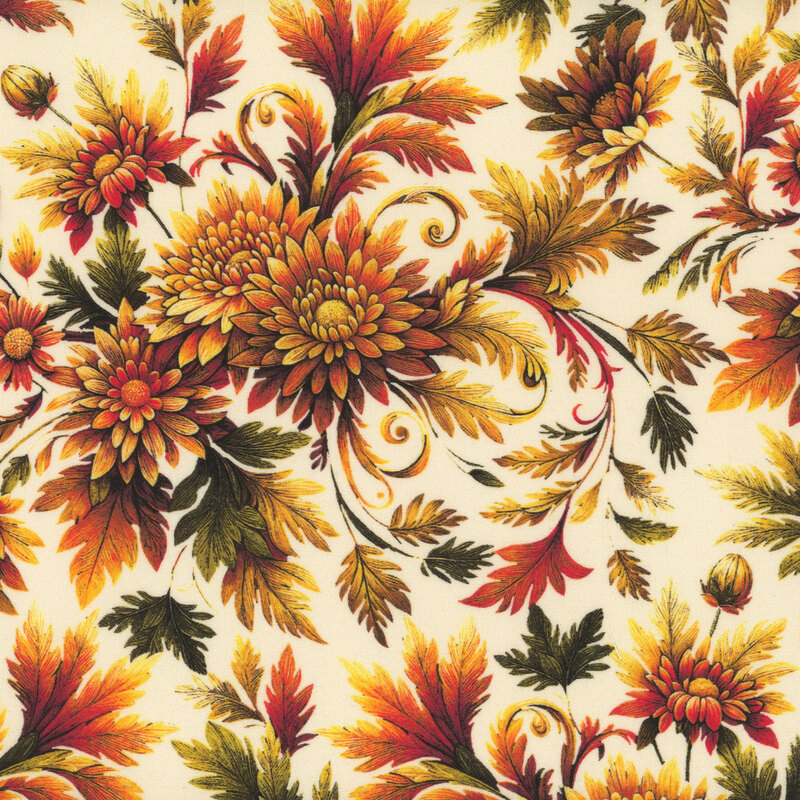 Cream fabric with a traditional floral design featuring burnt orange florals and olive greenleaves.