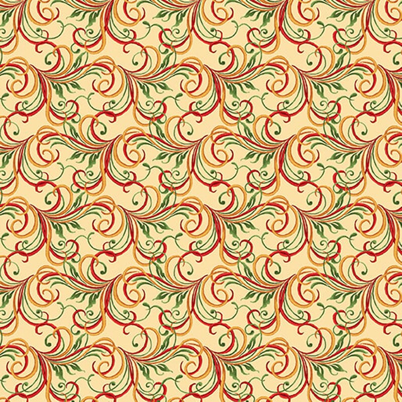 Cream fabric with a repeating pattern of red, gold, and green swirls