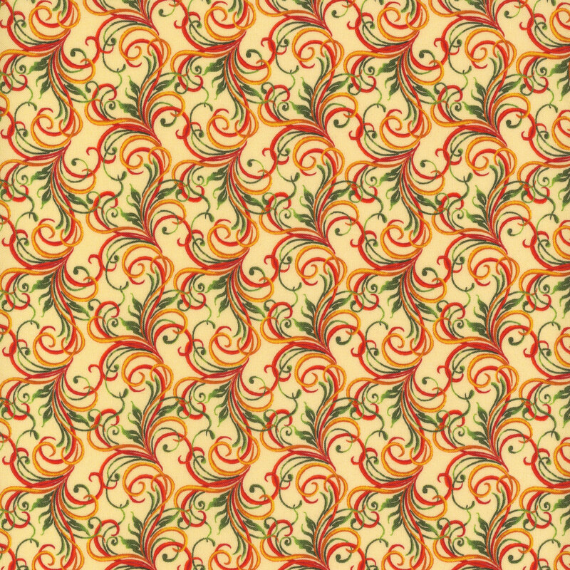Cream fabric with a repeating pattern of red, gold, and green swirls