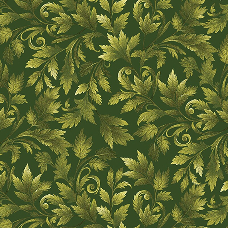 Moss green fabric with a pale olive green swirling leaf pattern