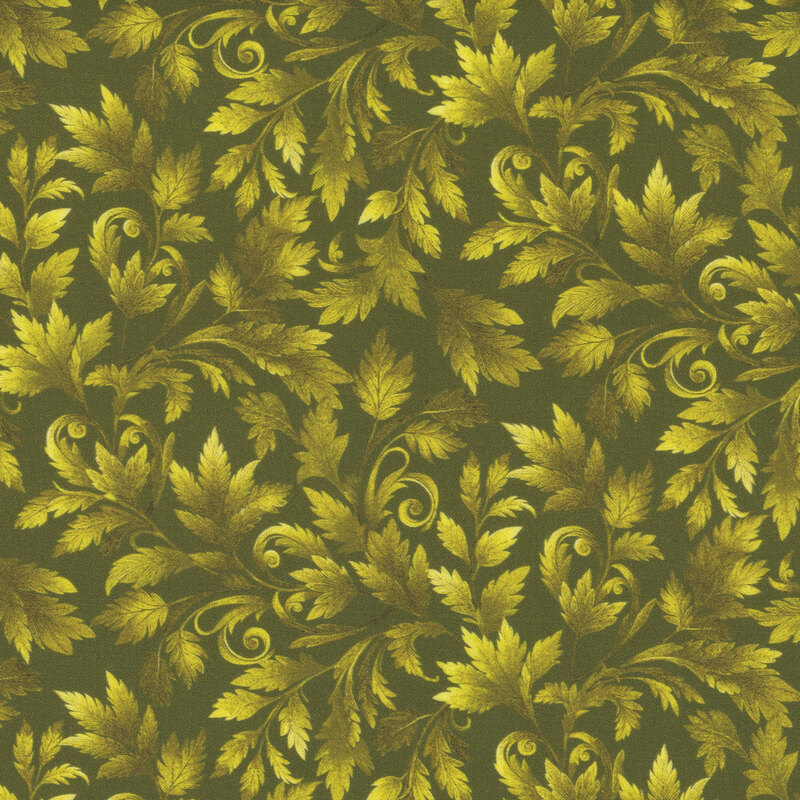 Moss green fabric with a pale olive green swirling leaf pattern