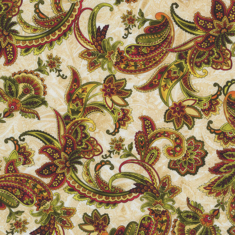 paisley florals in yellow, orange, red, and green on a cream paisley background