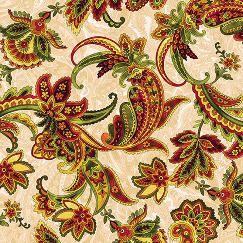 paisley florals in yellow, orange, red, and green on a cream paisley background
