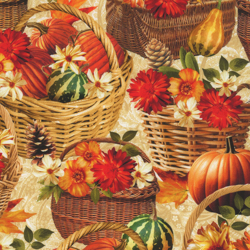 wicker baskets full of fall flowers and harvest pumpkins scattered on a cream paisley background.