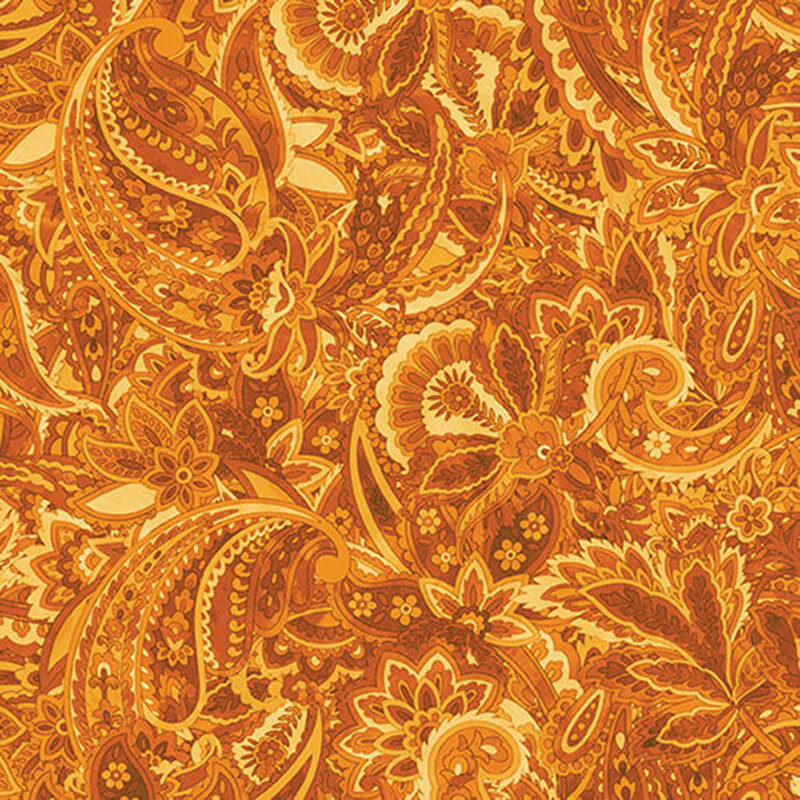 Tonal pumpkin orange fabric featuring a floral paisley pattern.