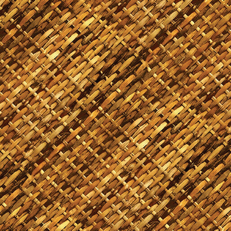 Fabric swatch featuring a wicker basket weave in suede brown tones.