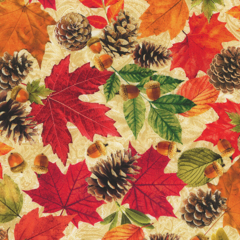 Orange, green, and red fall leaves scattered with acorns and pine cones on a cream background.