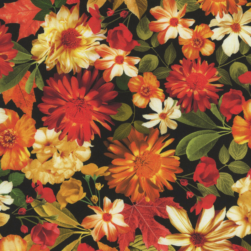 Bright autumn flowers in red, orange, and yellow and leaves on a black background