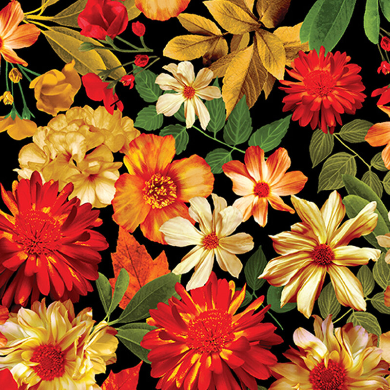 Bright autumn flowers in red, orange, and yellow and leaves on a black background