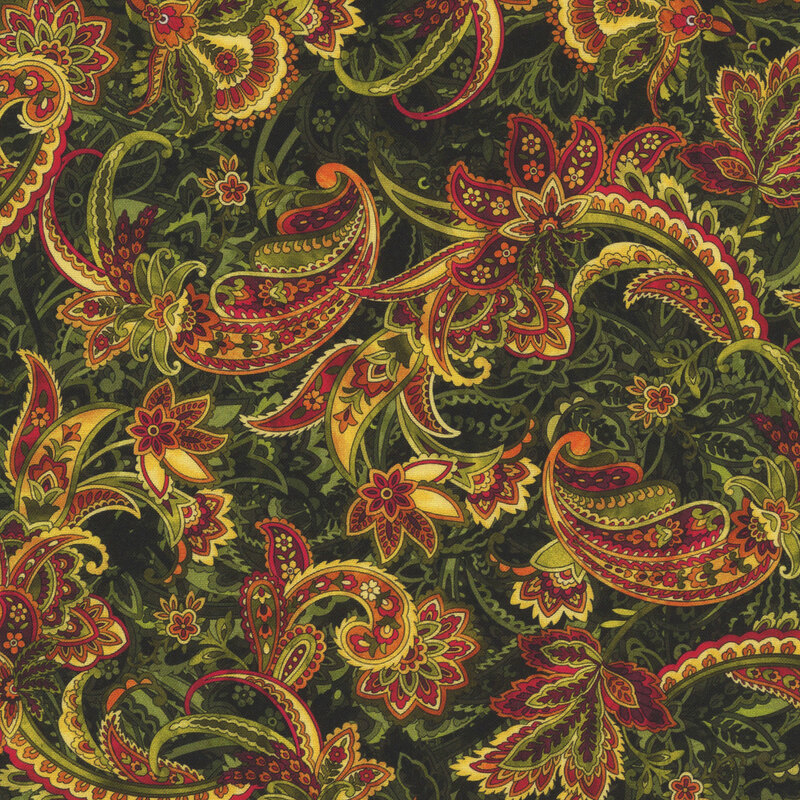 paisley florals in yellow, orange, red, and green on a dark green paisley background